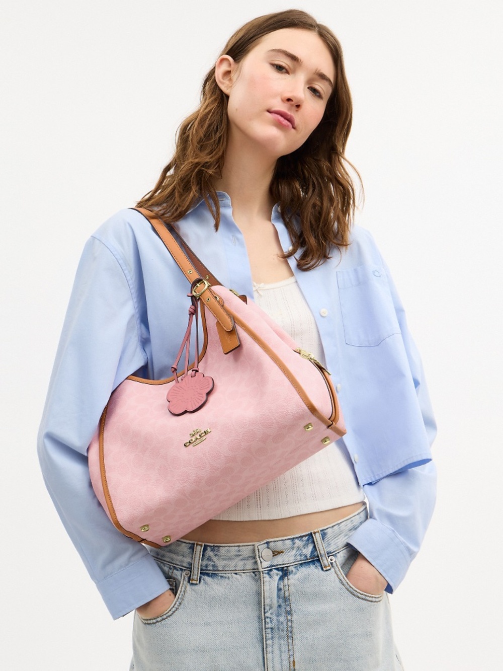 Powder Pink Coach Outlet Erin Shoulder Bag In Signature Canvas With Charms - Picture 6 of 8